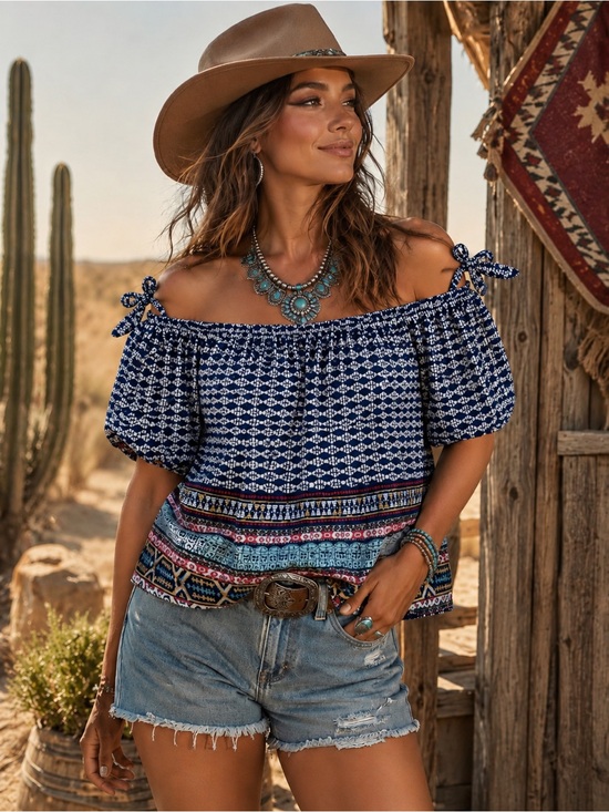 by & by Tops - by & by Navy Off-Shoulder Tie-Shoulder Boho Top with Multicolor Border